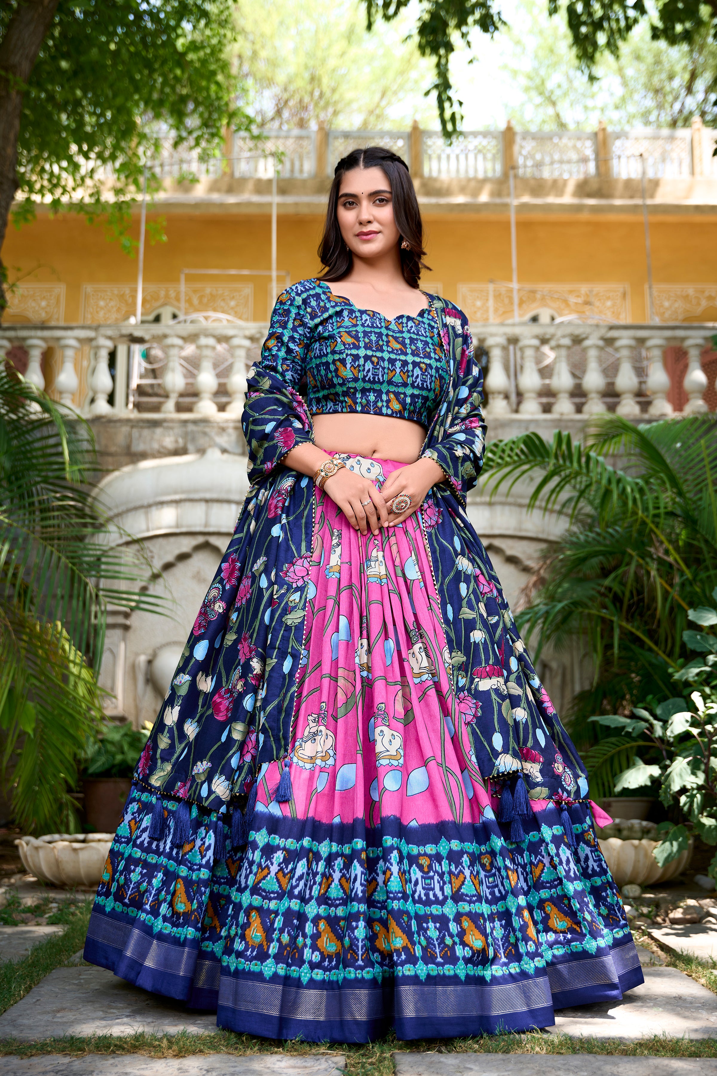 Lorenvalley Pink Tussar Silk Pichwai With Patola Print And Zari Weaving Border Lehenga Choli with Dupatta - Distacart