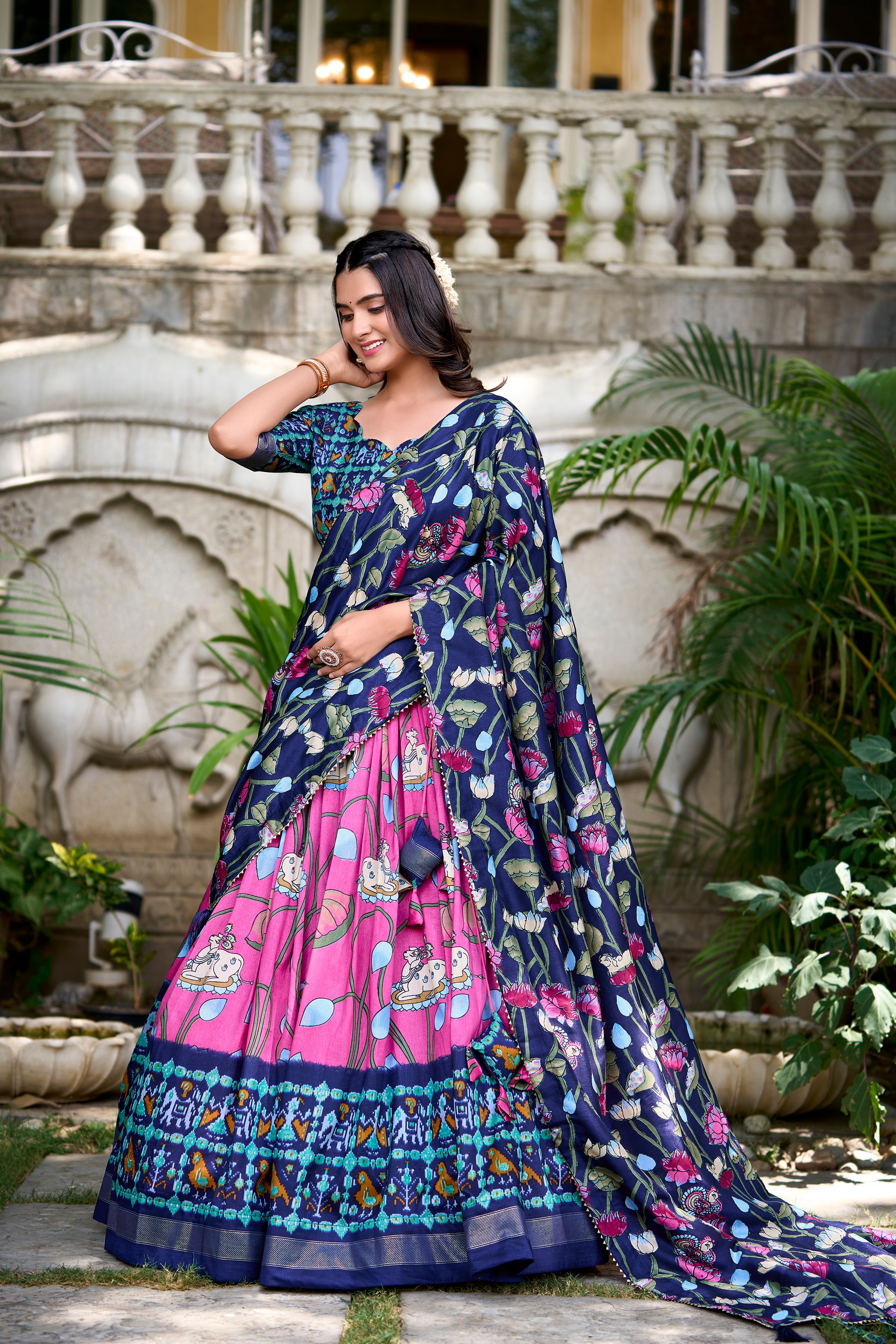Lorenvalley Pink Tussar Silk Pichwai With Patola Print And Zari Weaving Border Lehenga Choli with Dupatta - Distacart