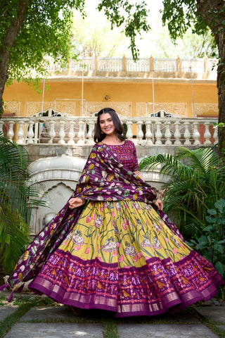 Lorenvalley Yellow Tussar Silk Pichwai With Patola Print And Zari Weaving Border Lehenga Choli with Dupatta - Distacart