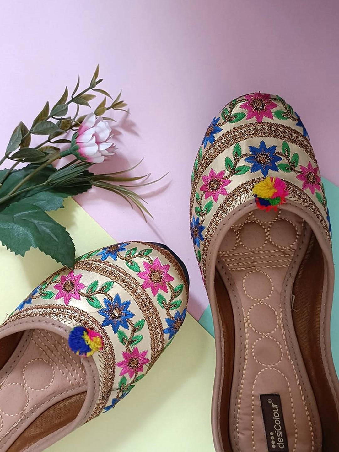 Desi Colour Women Indian Ethnic Footwear-Floral Gold - Distacart