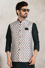 Thumbnail for Raivat Ethnic Art Banarasi Silk Printed Work 3 Pics Jacket Set In Off White Colour - Distacart