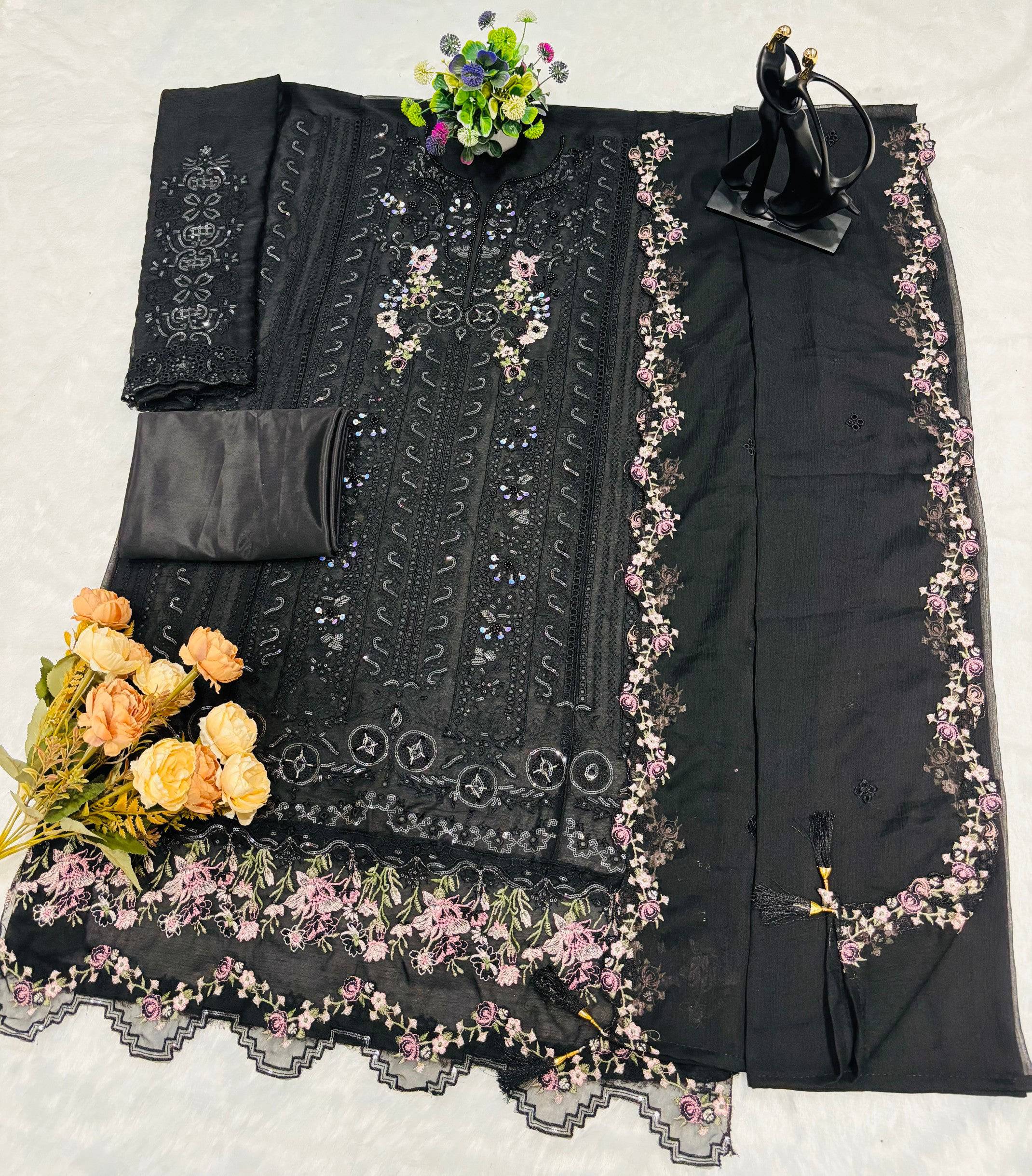 Anaita Black Chiffon Suit with Embroidery & Crystal Khatli Work - Dista