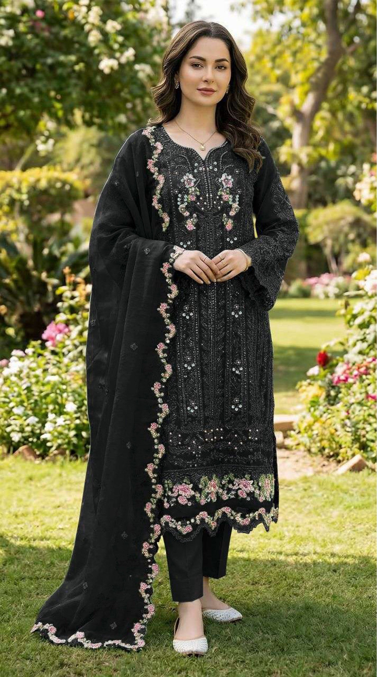 Anaita Black Chiffon Suit with Embroidery & Crystal Khatli Work - Dista