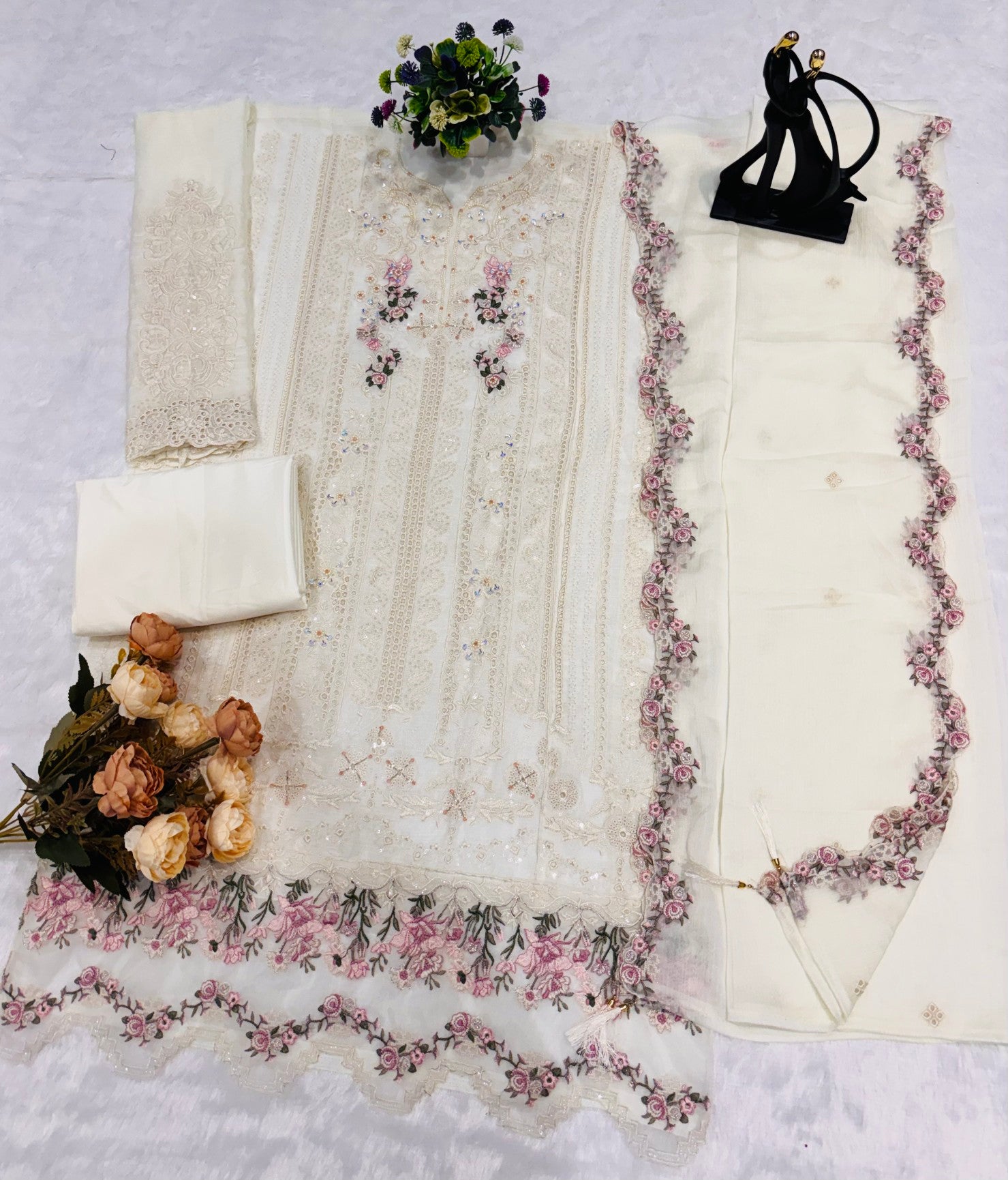 Anaita White Chiffon Suit with Embroidery & Crystal Khatli Work - Dista