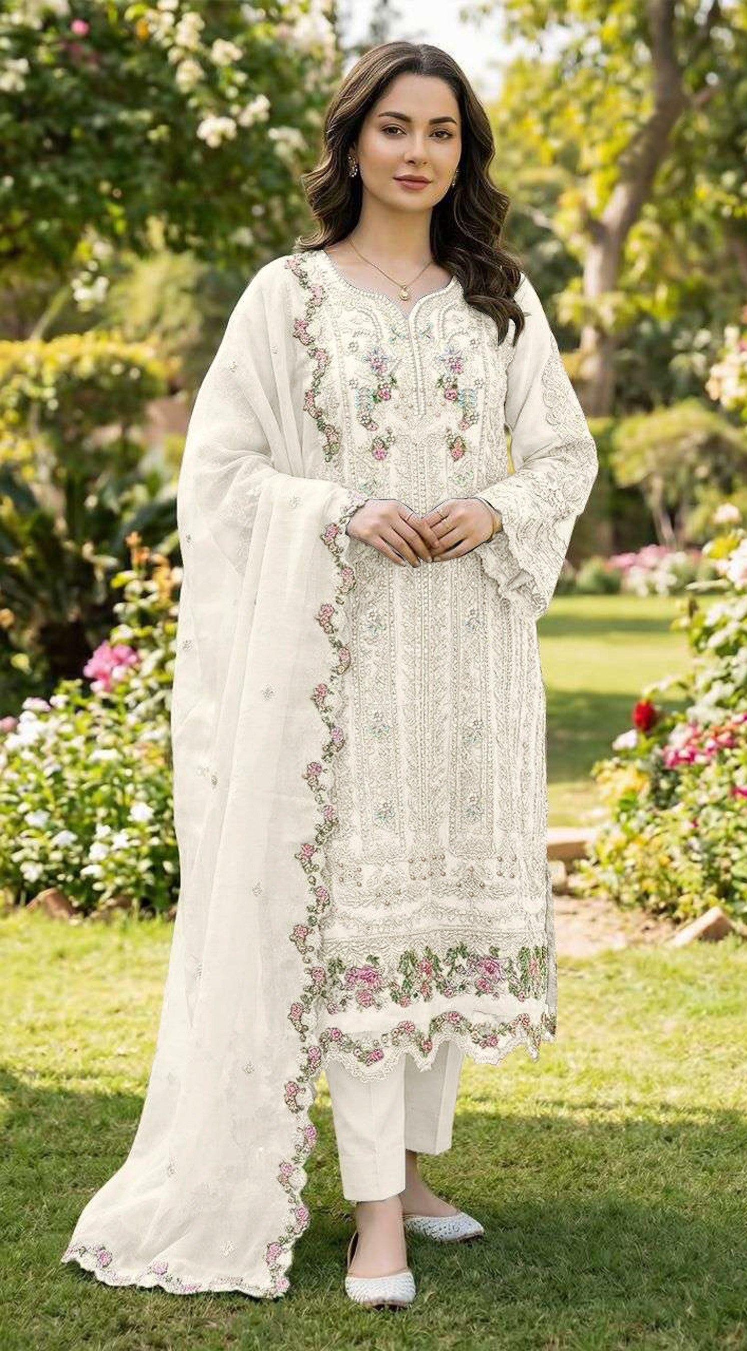 Anaita White Chiffon Suit with Embroidery & Crystal Khatli Work - Dista