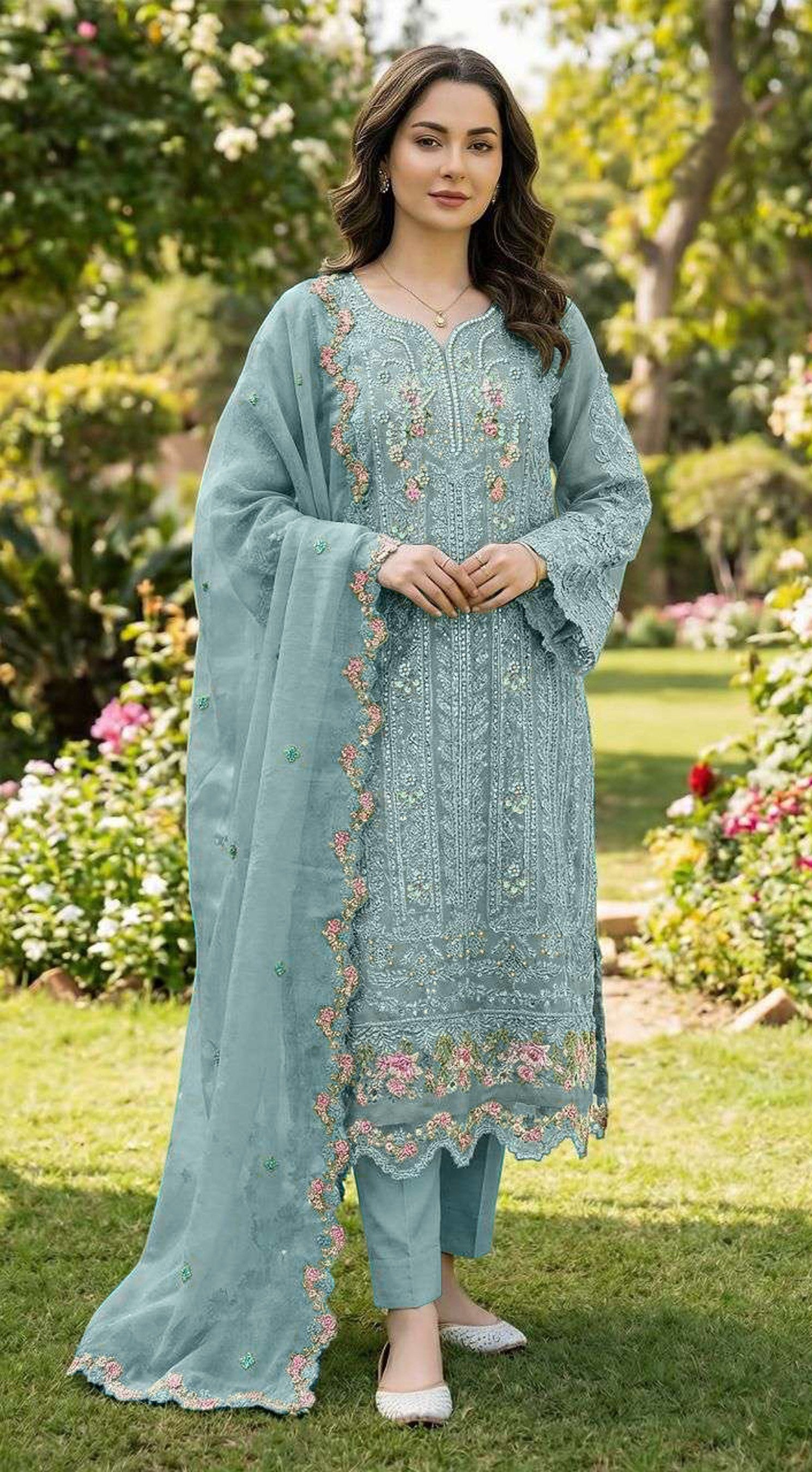 Anaita Blue Chiffon Suit with Embroidery & Crystal Khatli Work - Dista