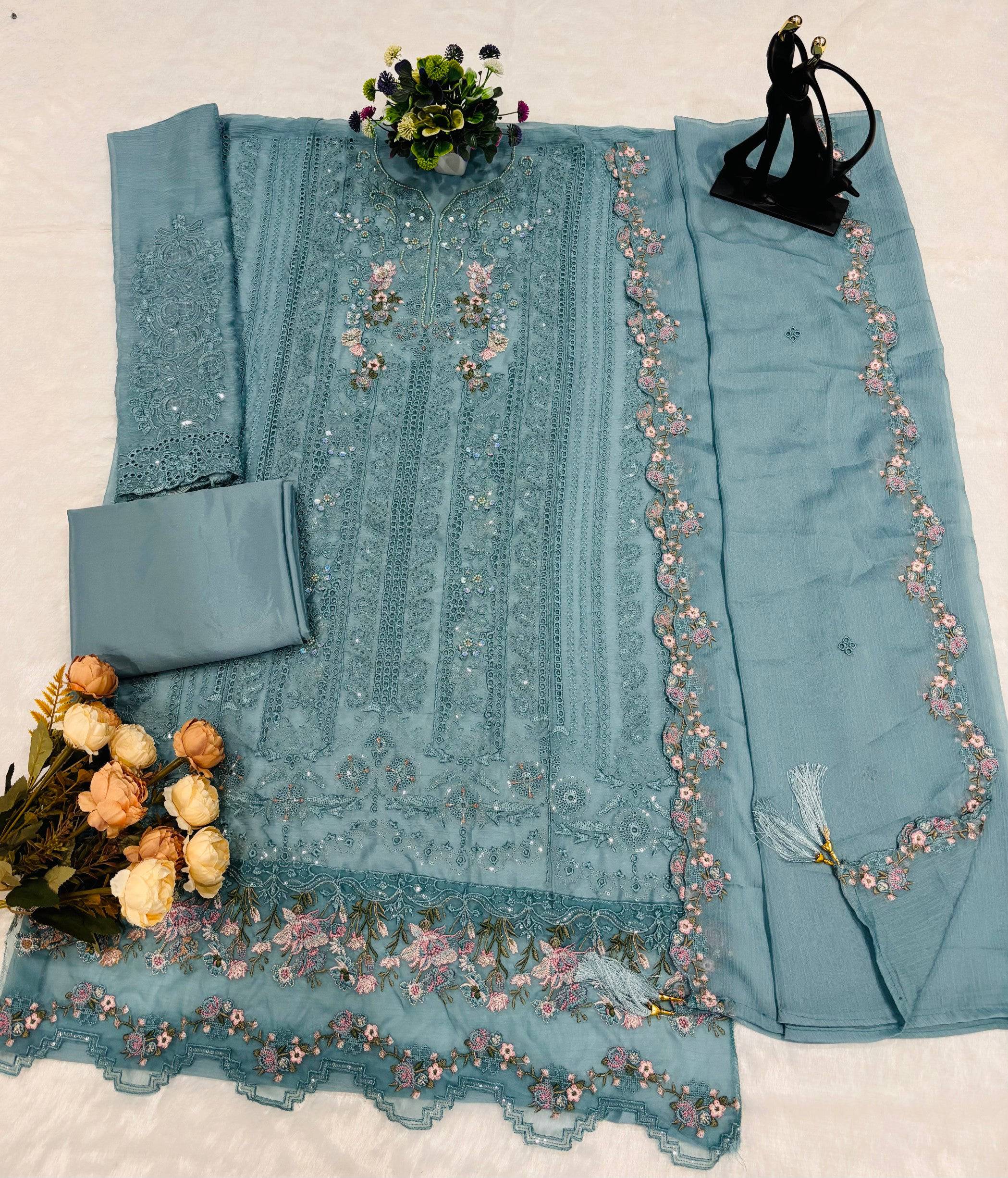 Anaita Blue Chiffon Suit with Embroidery & Crystal Khatli Work - Dista