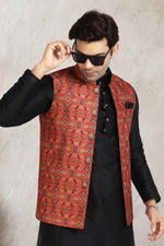 Thumbnail for Raivat Ethnic Art Banarasi Silk Printed Work 3 Pics Jacket Set In Red Colour - Distacart