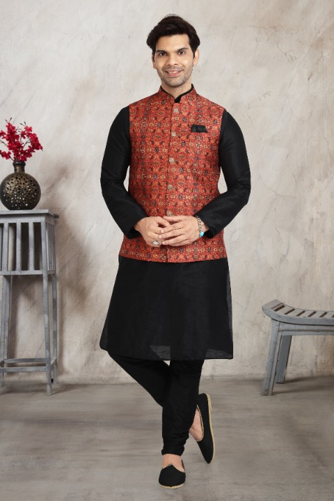 Raivat Ethnic Art Banarasi Silk Printed Work 3 Pics Jacket Set In Red Colour - Distacart