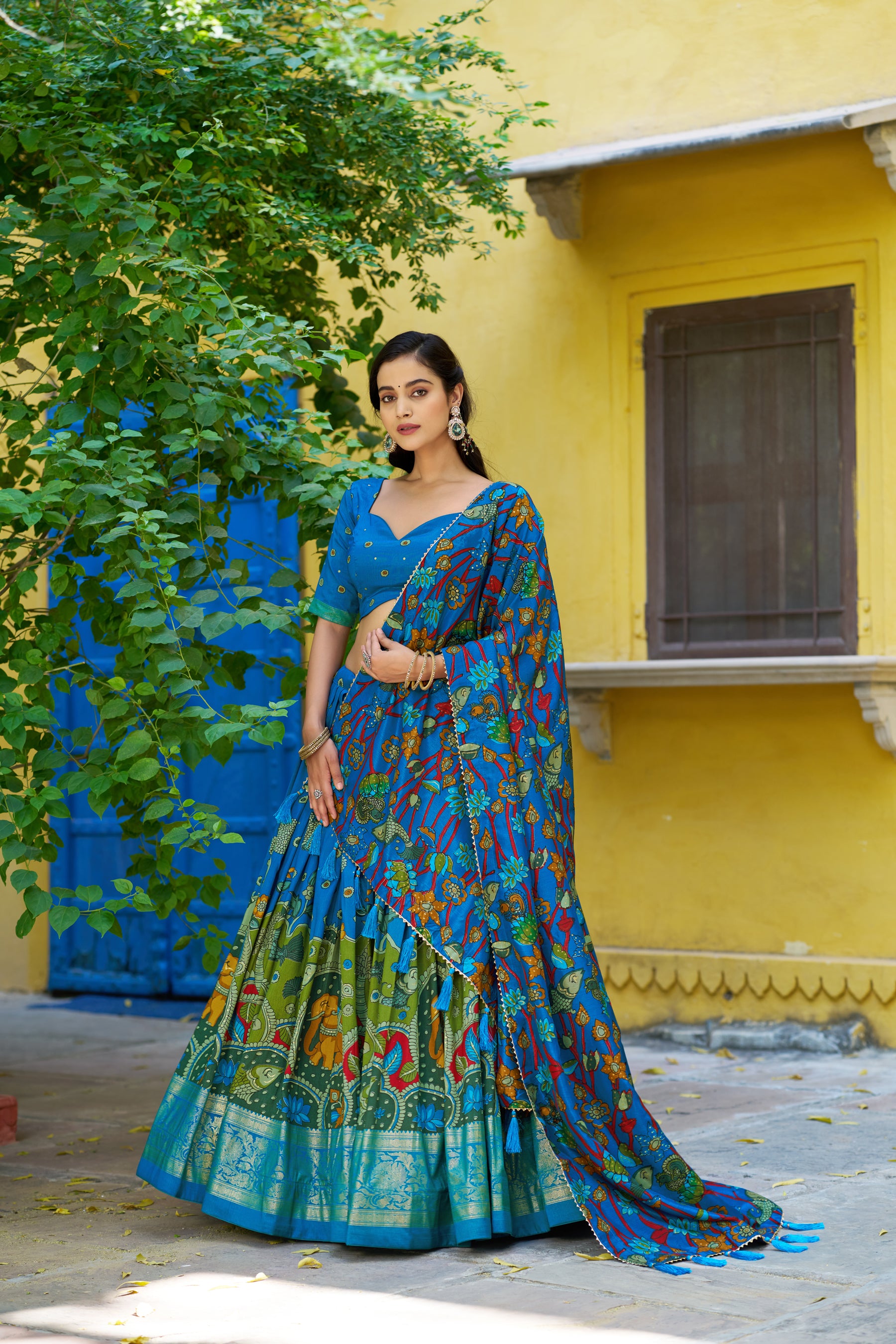 Lorenvalley Fashion Multicolor Tussar Silk Kalamkari Print with Foil Work Border Lehenga Choli with Dupatta - Dista