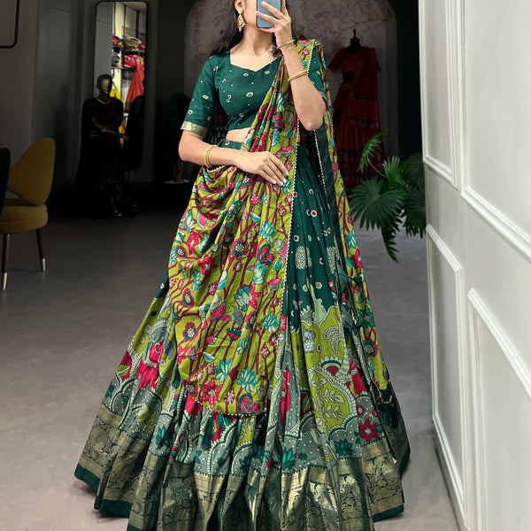 Lorenvalley Green Tussar Silk Kalamkari Print with Foil Work Border Lehenga Choli with Dupatta - Distacart