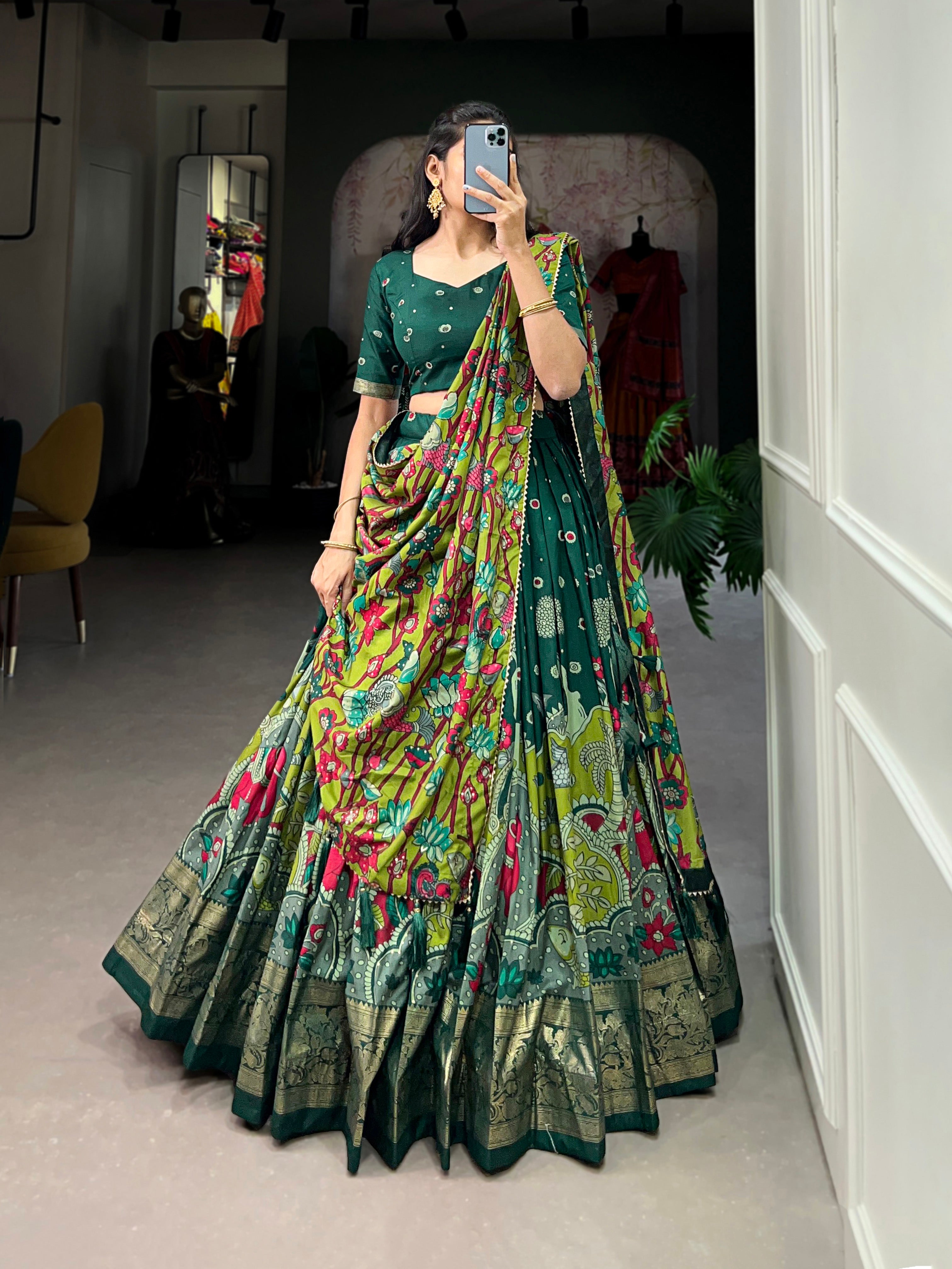 Lorenvalley Green Tussar Silk Kalamkari Print with Foil Work Border Lehenga Choli with Dupatta - Distacart