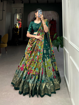 Lorenvalley Green Tussar Silk Kalamkari Print with Foil Work Border Lehenga Choli with Dupatta - Distacart