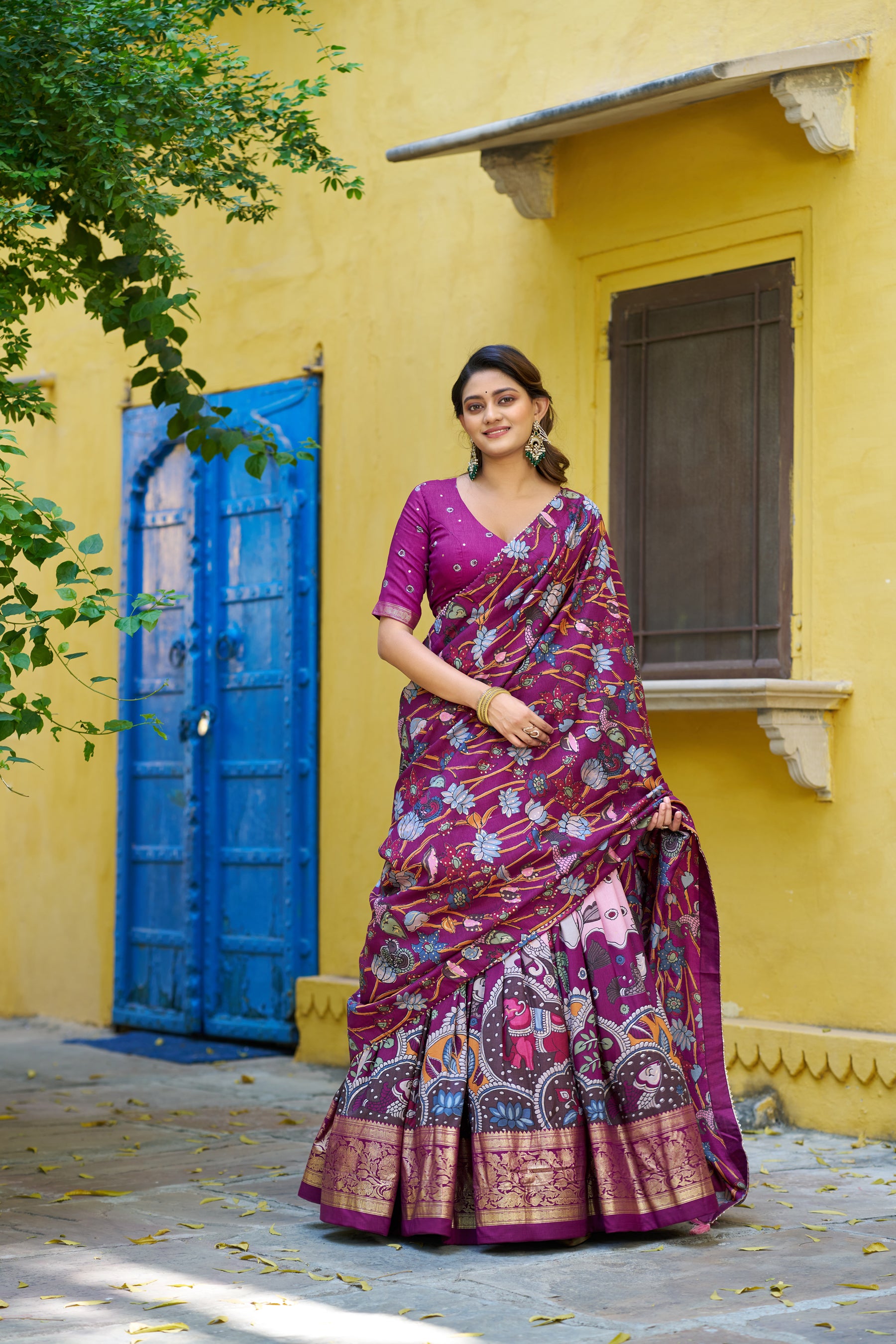 Lorenvalley Fashion Multicolor Tussar Silk Kalamkari Print with Foil Work Border Lehenga Choli with Dupatta - Dista