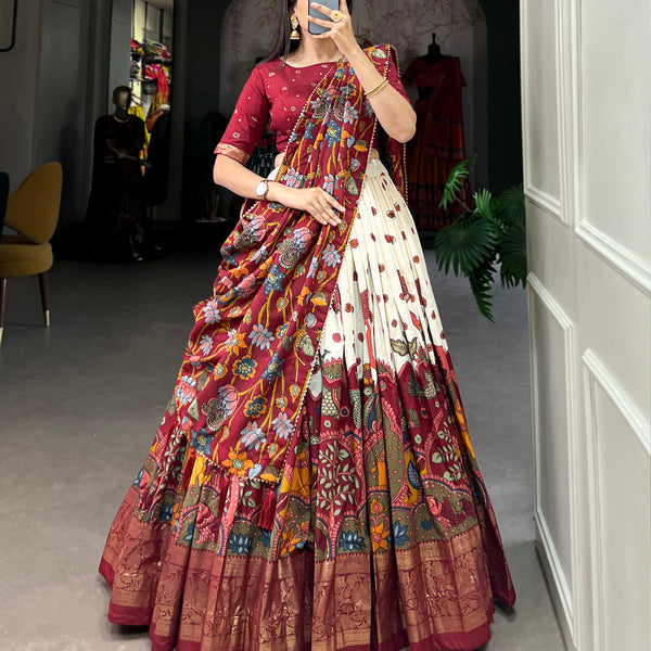 Lorenvalley Off White Tussar Silk Kalamkari Print with Foil Work Border Lehenga Choli with Dupatta - Distacart
