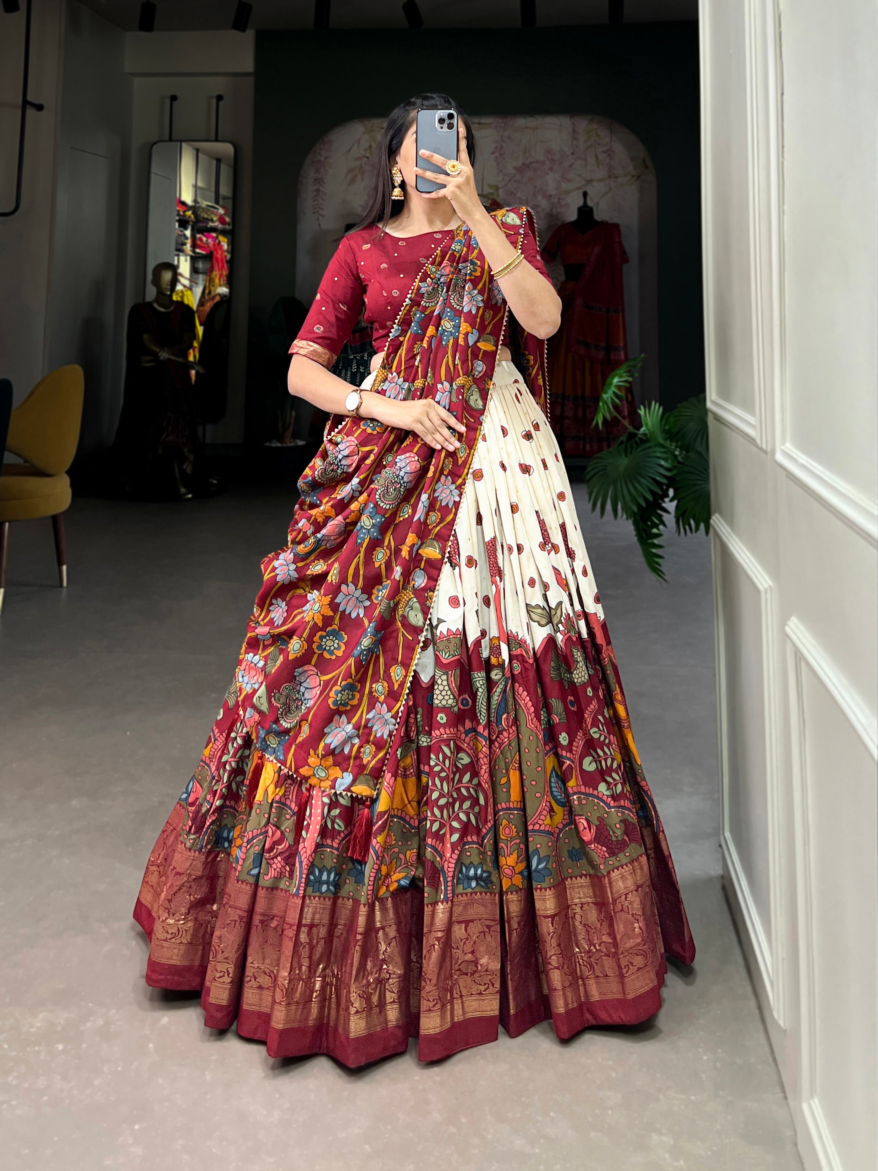 Lorenvalley Off White Tussar Silk Kalamkari Print with Foil Work Border Lehenga Choli with Dupatta - Distacart