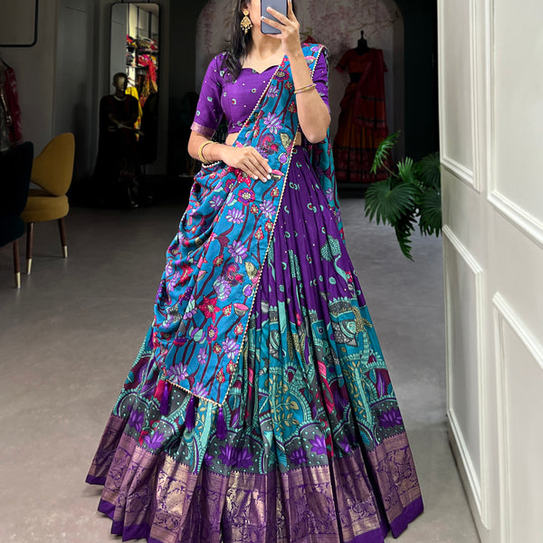 Lorenvalley Purple Tussar Silk Kalamkari Print with Foil Work Border Lehenga Choli with Dupatta - Distacart