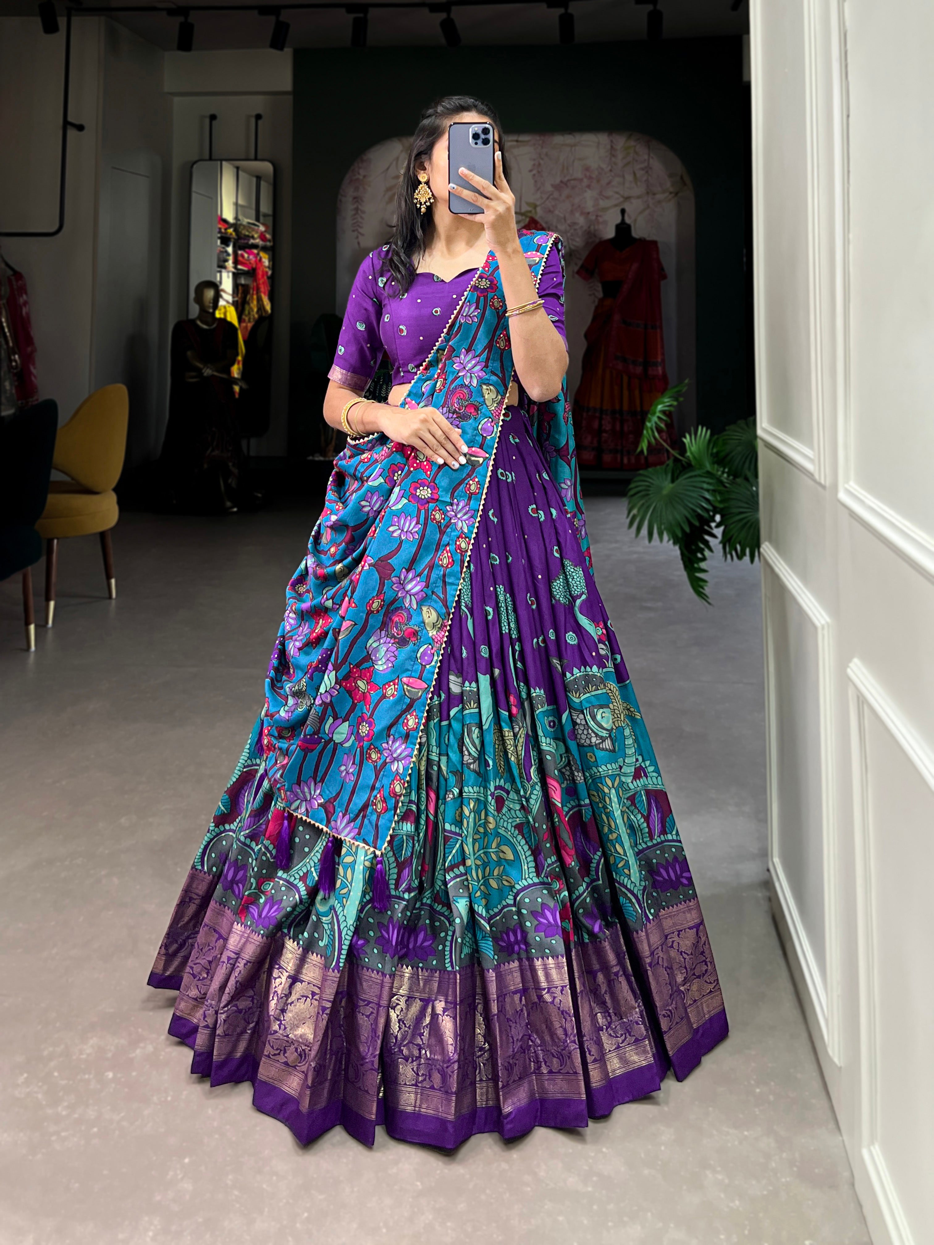 Lorenvalley Purple Tussar Silk Kalamkari Print with Foil Work Border Lehenga Choli with Dupatta - Distacart