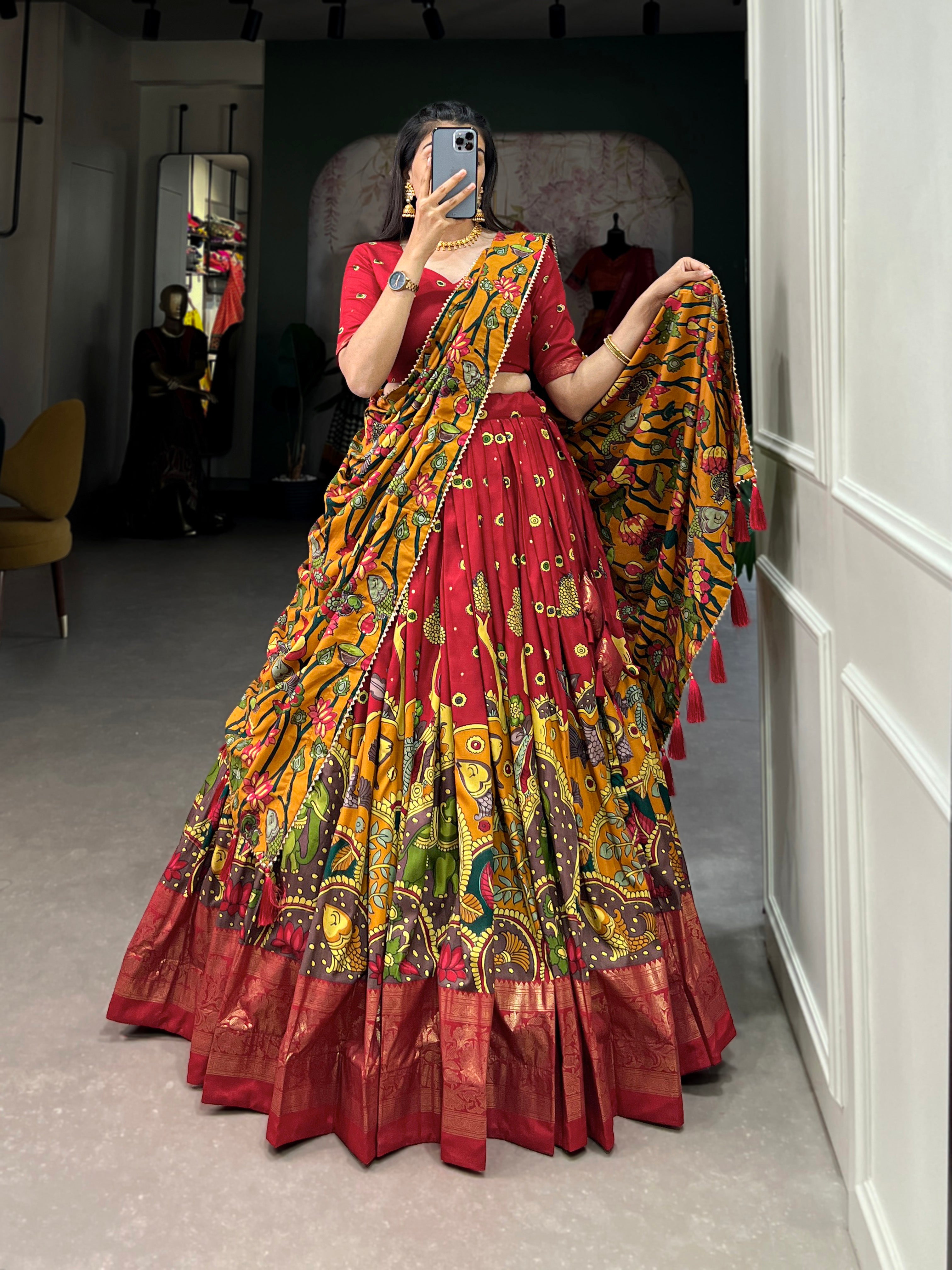 Lorenvalley Red Tussar Silk Kalamkari Print with Foil Work Border Lehenga Choli with Dupatta - Distacart