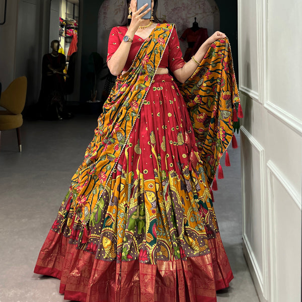Lorenvalley Red Tussar Silk Kalamkari Print with Foil Work Border Lehenga Choli with Dupatta - Distacart