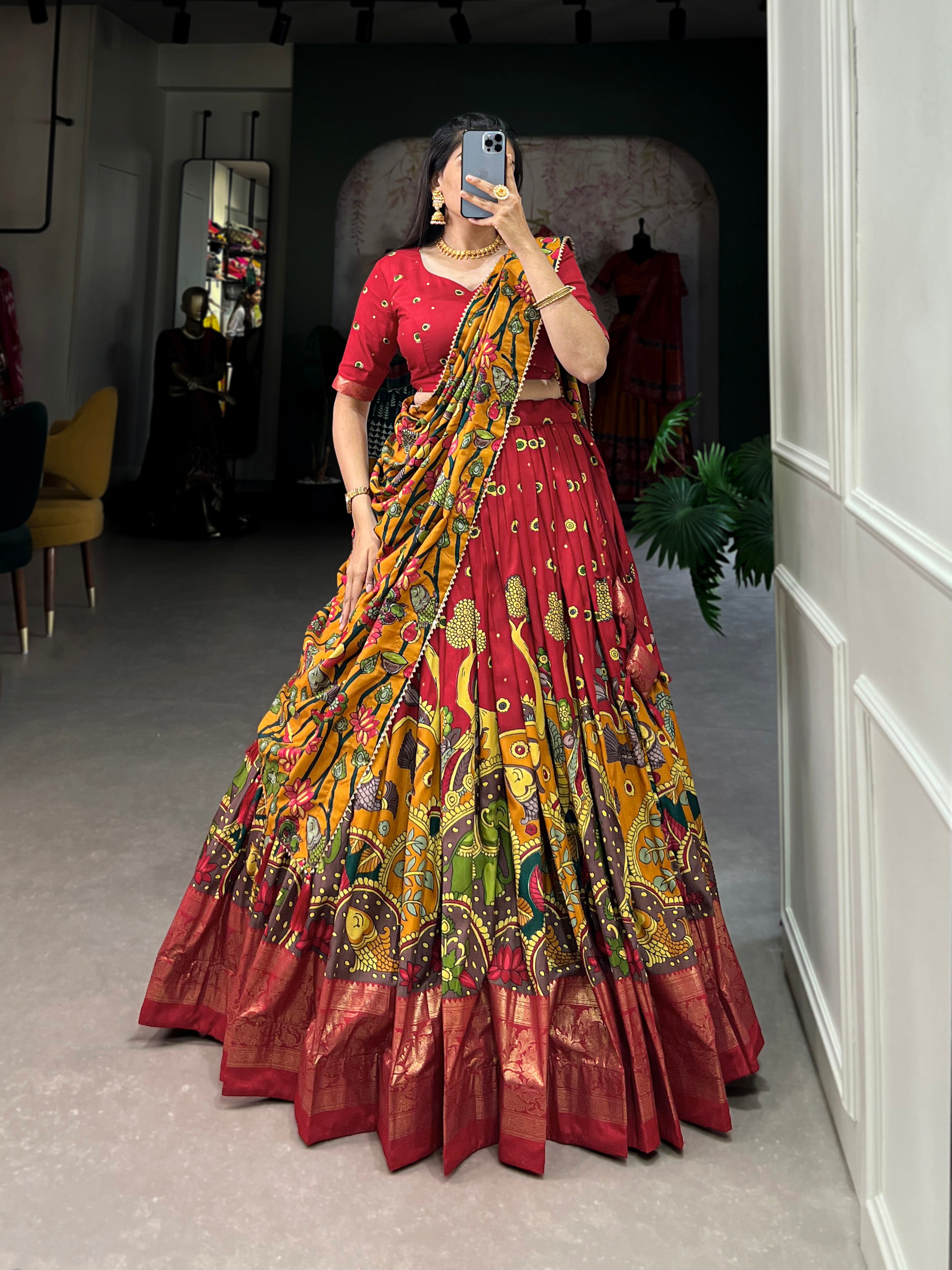 Lorenvalley Red Tussar Silk Kalamkari Print with Foil Work Border Lehenga Choli with Dupatta - Distacart