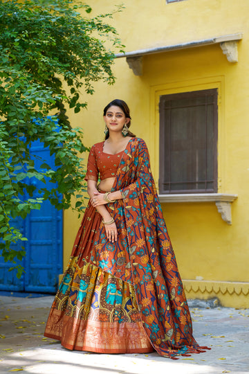 Lorenvalley Fashion Multicolor Tussar Silk Kalamkari Print with Foil Work Border Lehenga Choli with Dupatta - Dista
