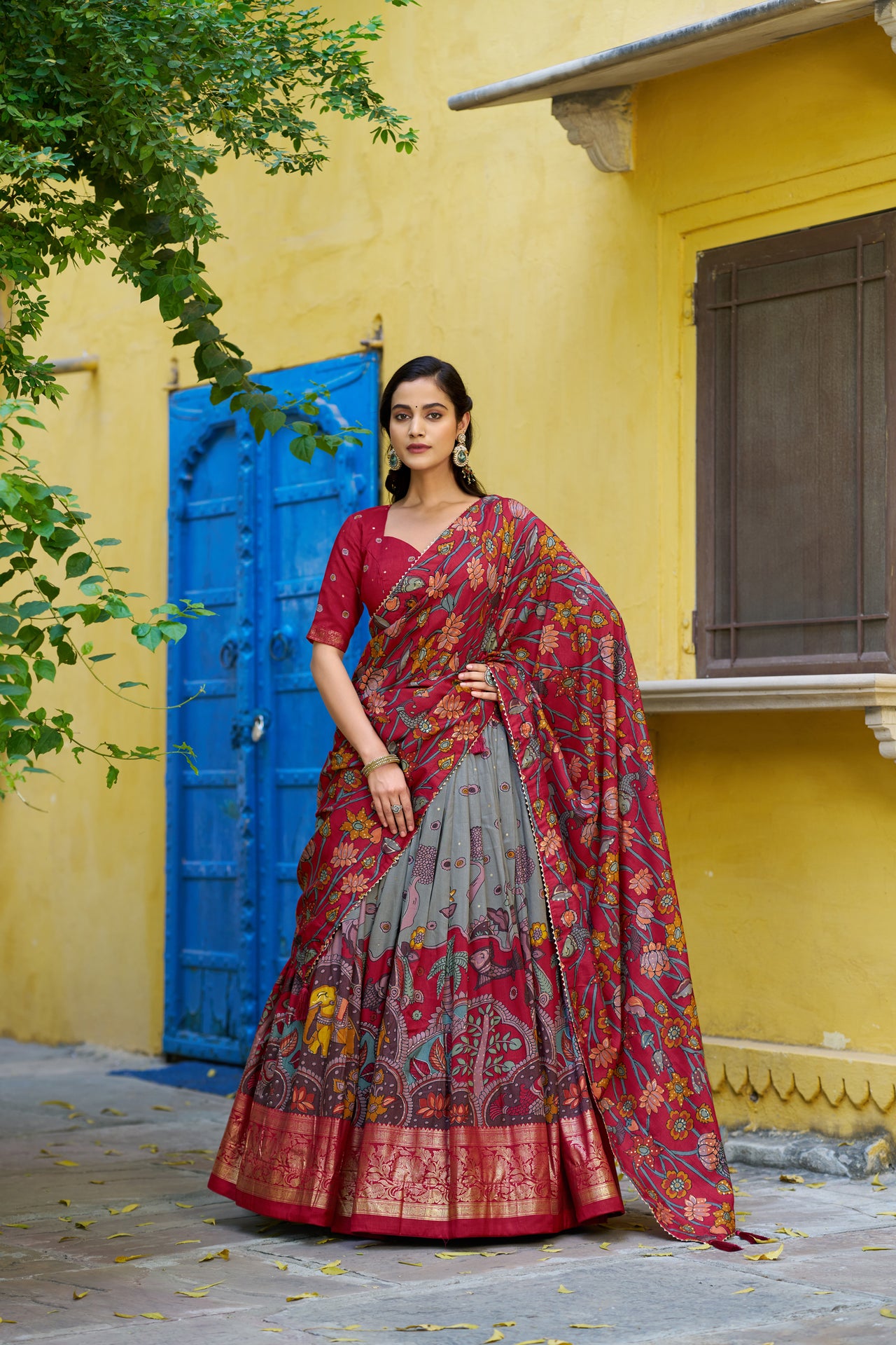 Lorenvalley Fashion Multicolor Tussar Silk Kalamkari Print with Foil Work Border Lehenga Choli with Dupatta - Dista