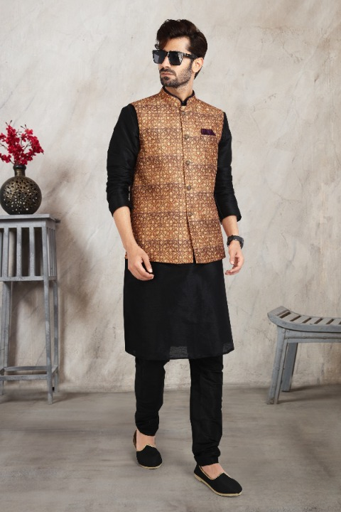 Raivat Ethnic Art Banarasi Silk Printed Work 3 Pics Jacket Set In Beige Colour - Distacart