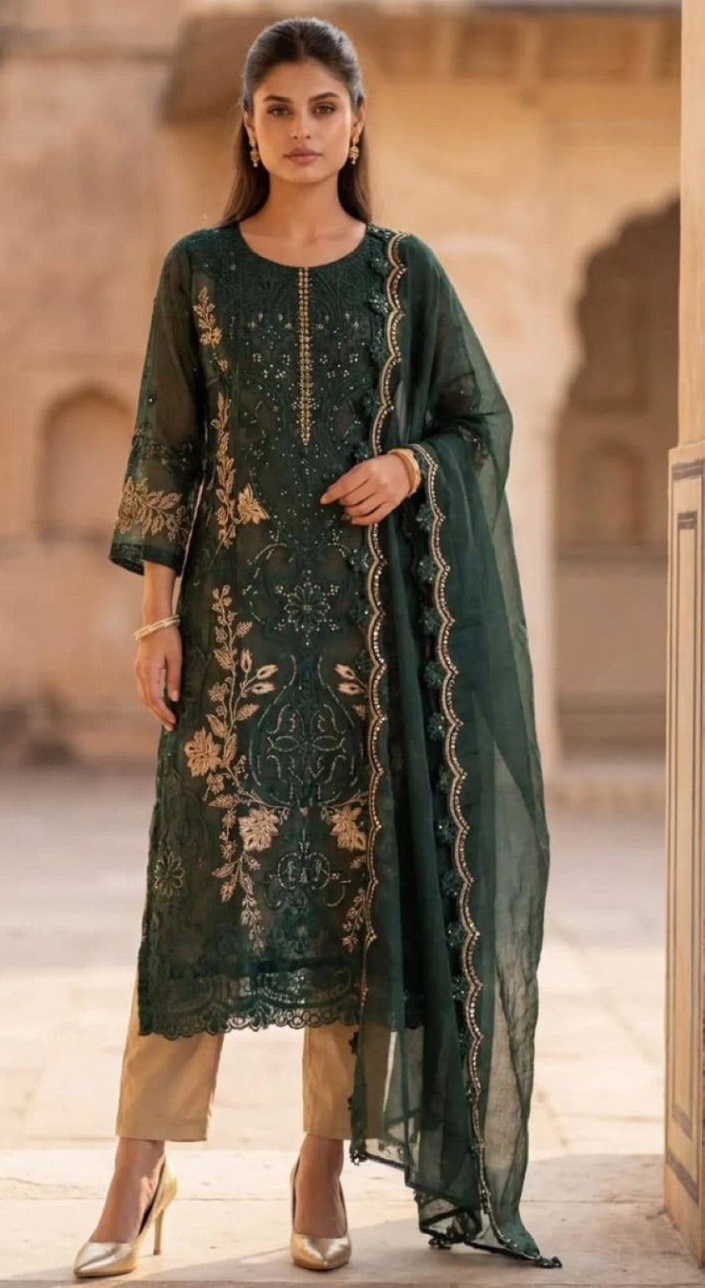 Anaita D Green Silk Suit With Embroidery & Sequence Work - Dista