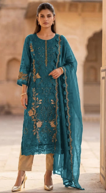 Anaita Teal Blue Silk Suit With Embroidery & Sequence Work - Dista