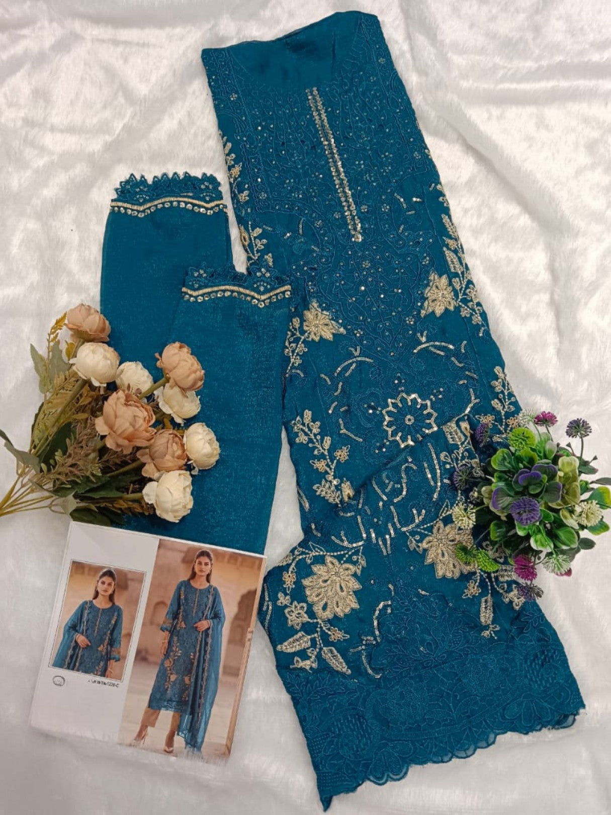 Anaita Teal Blue Silk Suit With Embroidery & Sequence Work - Dista