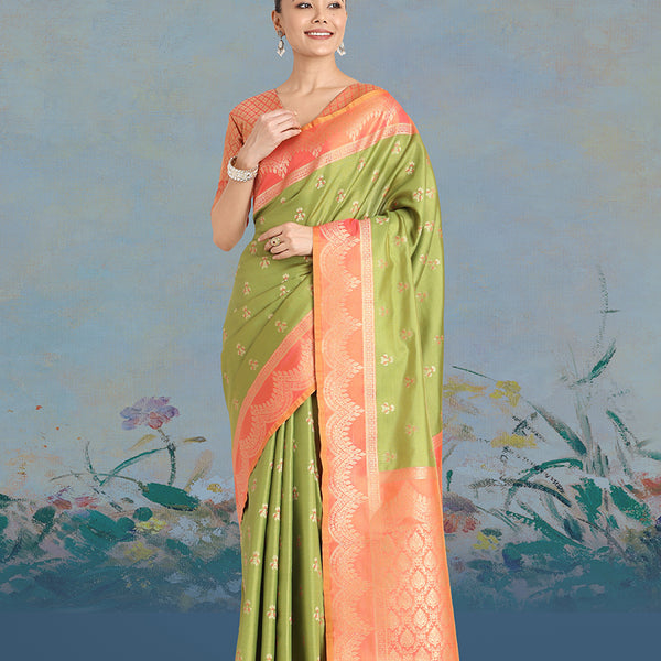 Monjolika Fashion Olive Green Color Weaving Banarasi Tissue Silk Classic Saree - Distacart