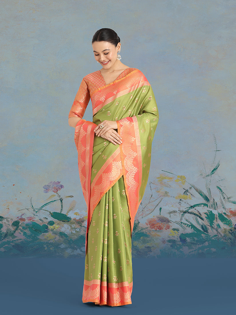 Monjolika Fashion Olive Green Color Weaving Banarasi Tissue Silk Classic Saree - Distacart