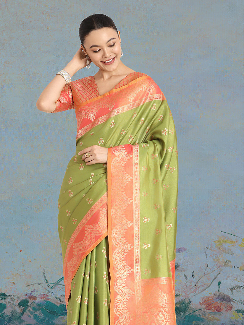 Monjolika Fashion Olive Green Color Weaving Banarasi Tissue Silk Classic Saree - Distacart