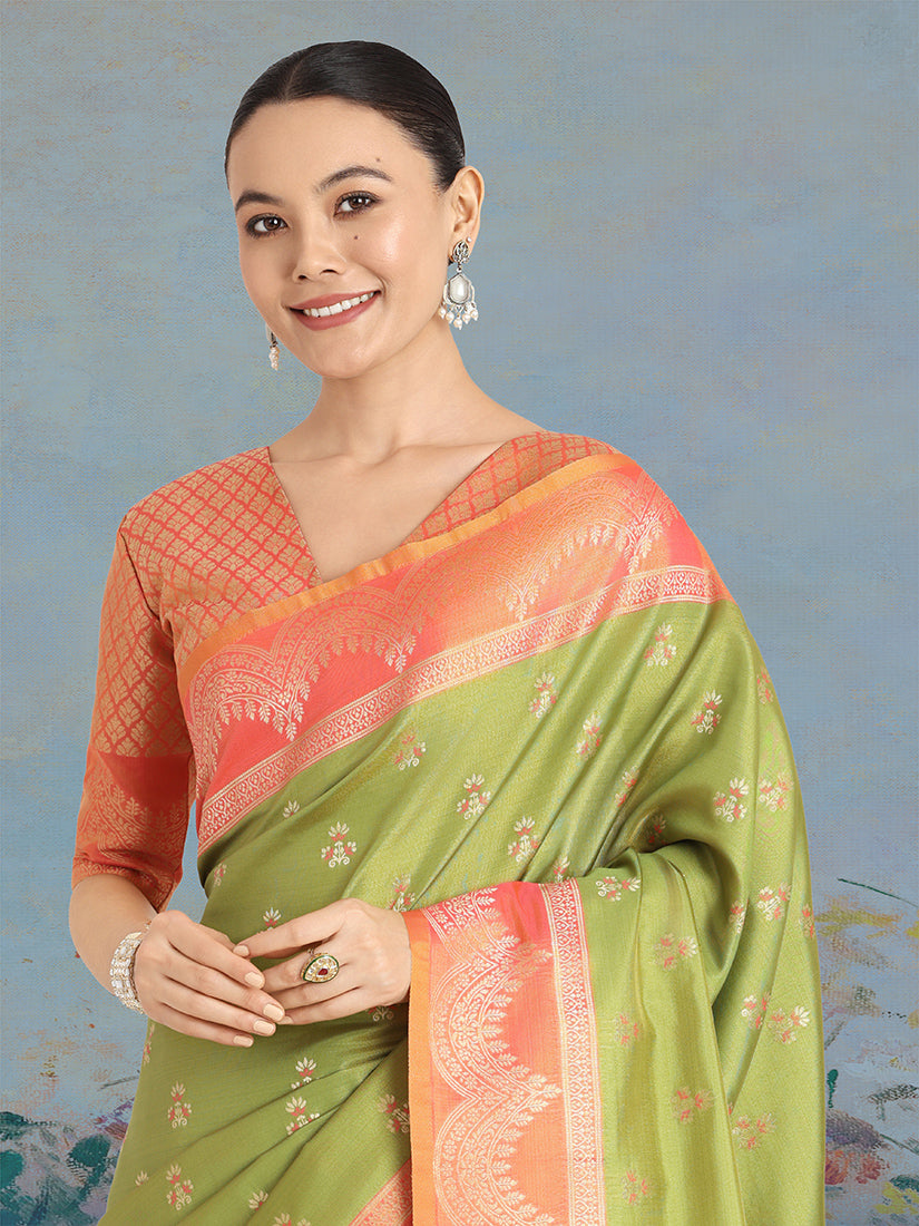Monjolika Fashion Olive Green Color Weaving Banarasi Tissue Silk Classic Saree - Distacart