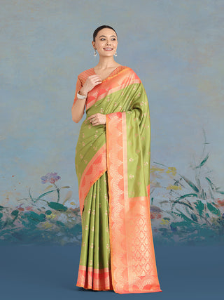 Monjolika Fashion Olive Green Color Weaving Banarasi Tissue Silk Classic Saree - Distacart
