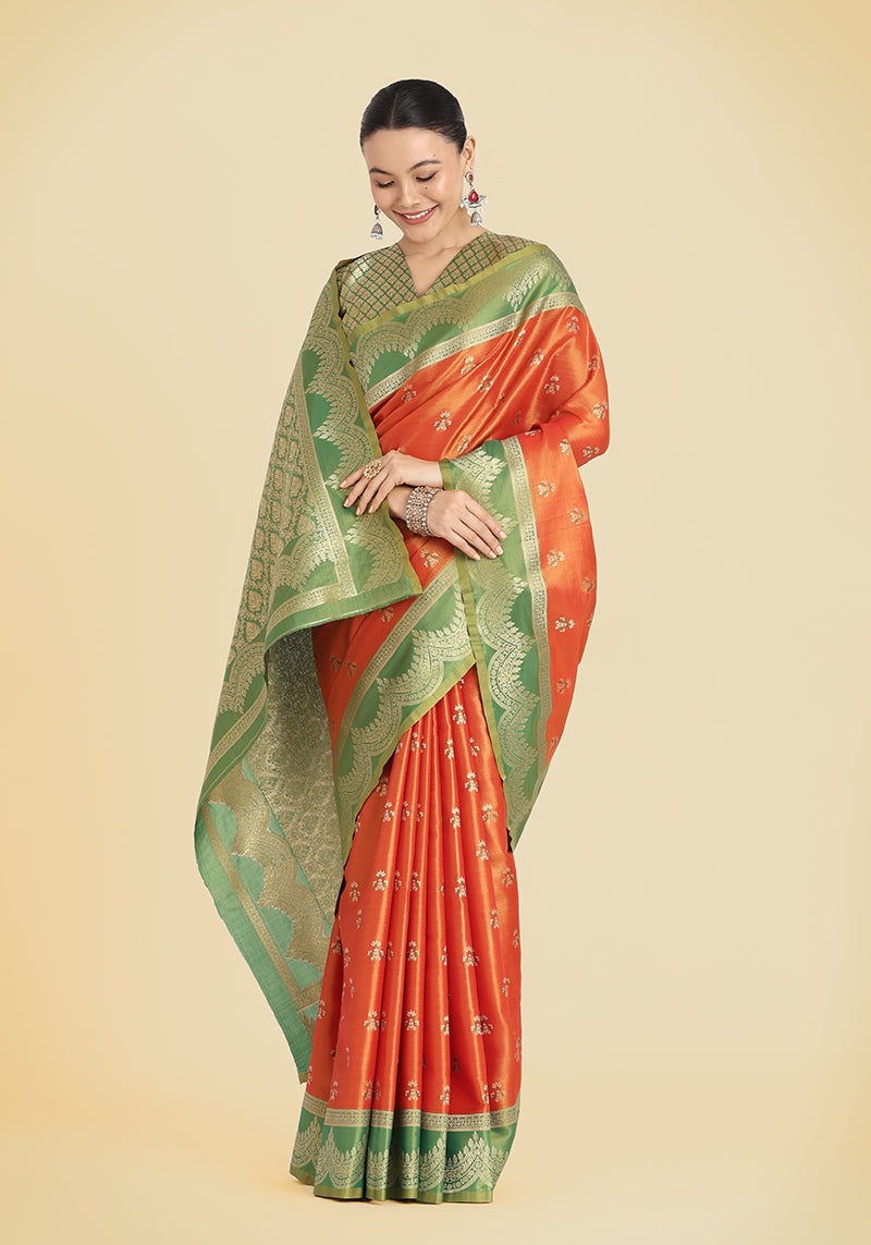 Monjolika Fashion Orange Color Weaving Banarasi Tissue Silk Classic Saree - Distacart