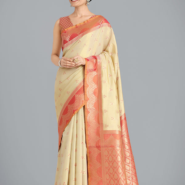 Monjolika Fashion Cream Color Weaving Banarasi Tissue Silk Classic Saree - Distacart