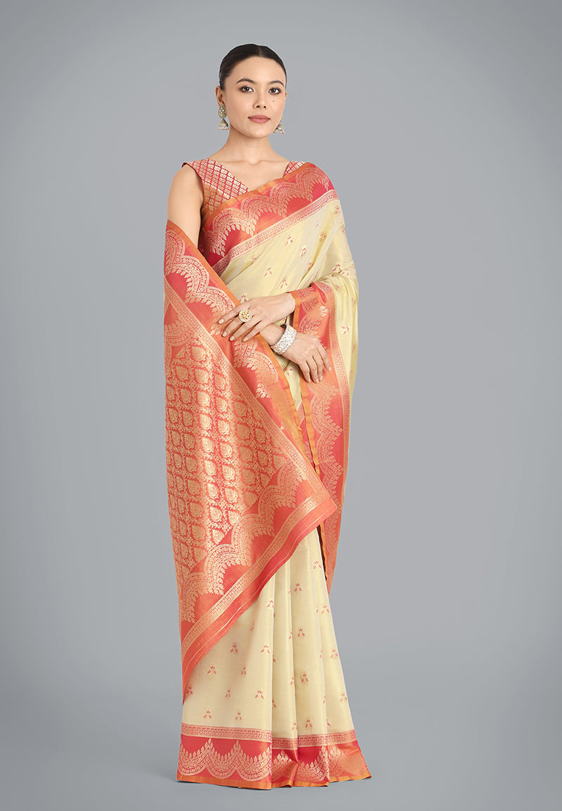 Monjolika Fashion Cream Color Weaving Banarasi Tissue Silk Classic Saree - Distacart