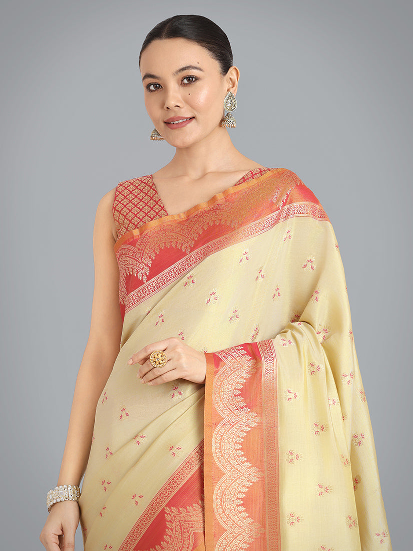 Monjolika Fashion Cream Color Weaving Banarasi Tissue Silk Classic Saree - Distacart
