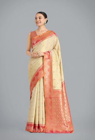 Monjolika Fashion Cream Color Weaving Banarasi Tissue Silk Classic Saree - Distacart