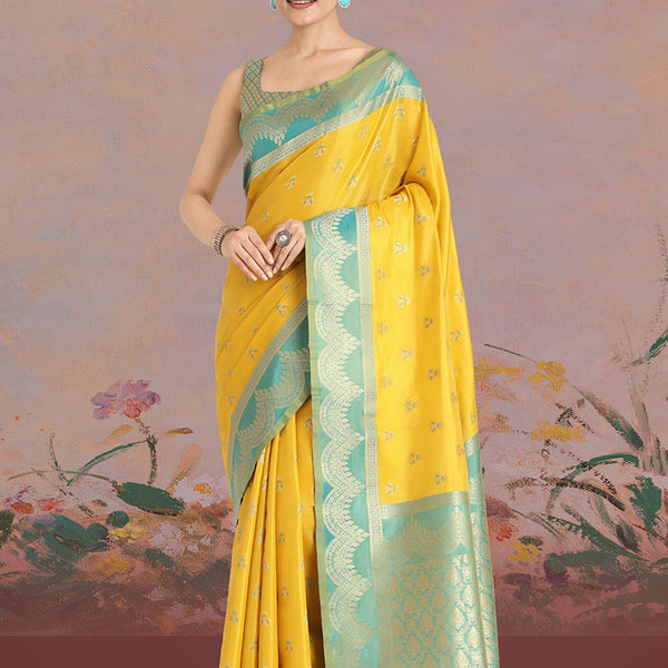 Monjolika Fashion Yellow Color Weaving Banarasi Tissue Silk Classic Saree - Distacart