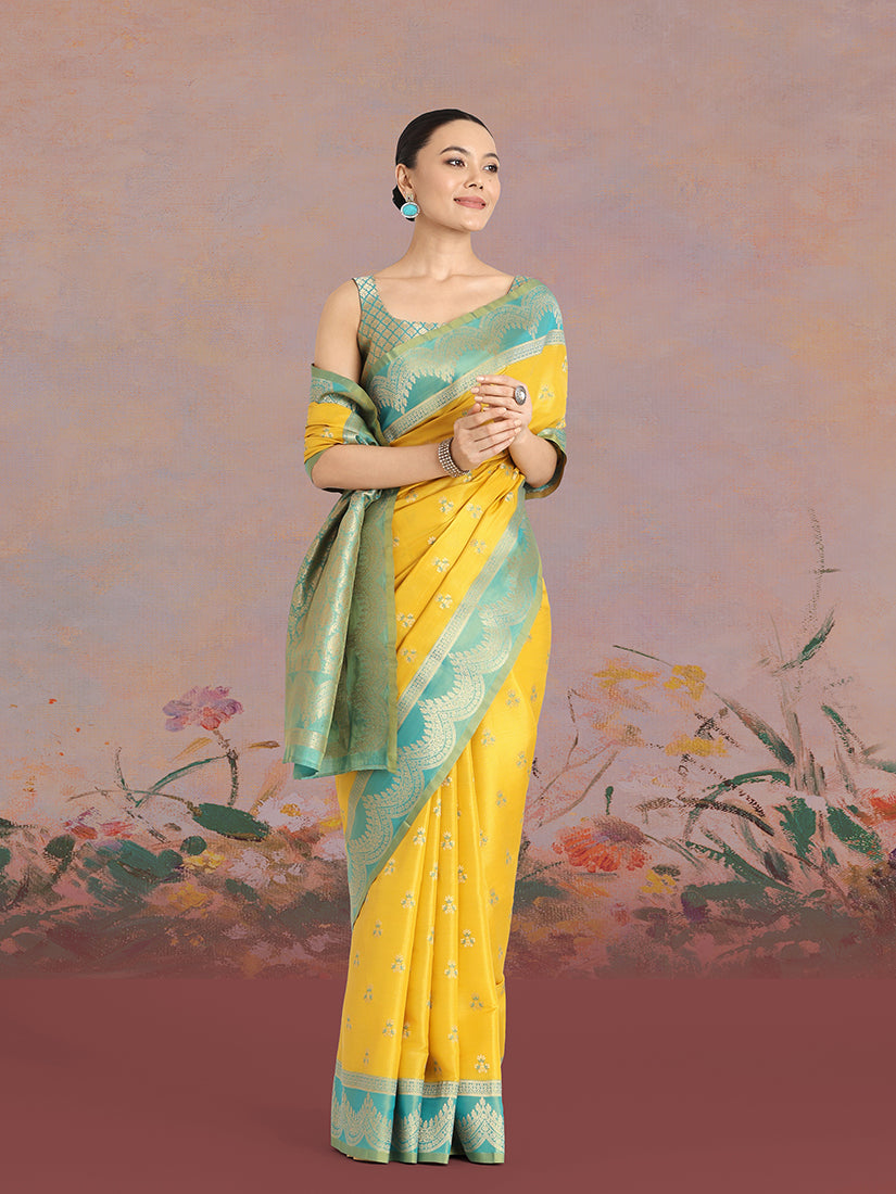 Monjolika Fashion Yellow Color Weaving Banarasi Tissue Silk Classic Saree - Distacart
