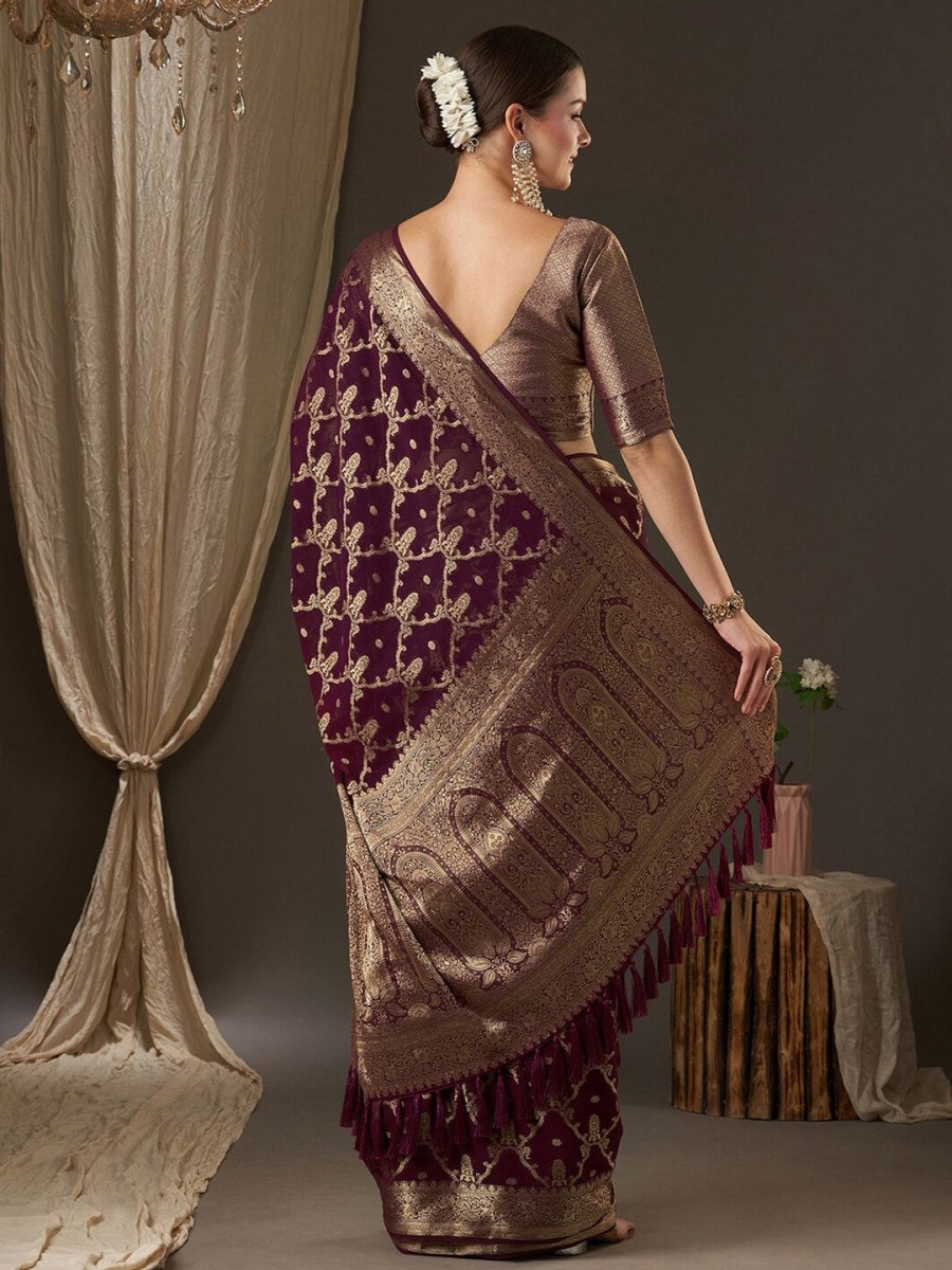 Anouk Purple & Gold-Toned Woven Design Zari Pure Georgette Kanjeevaram Saree - Distacart