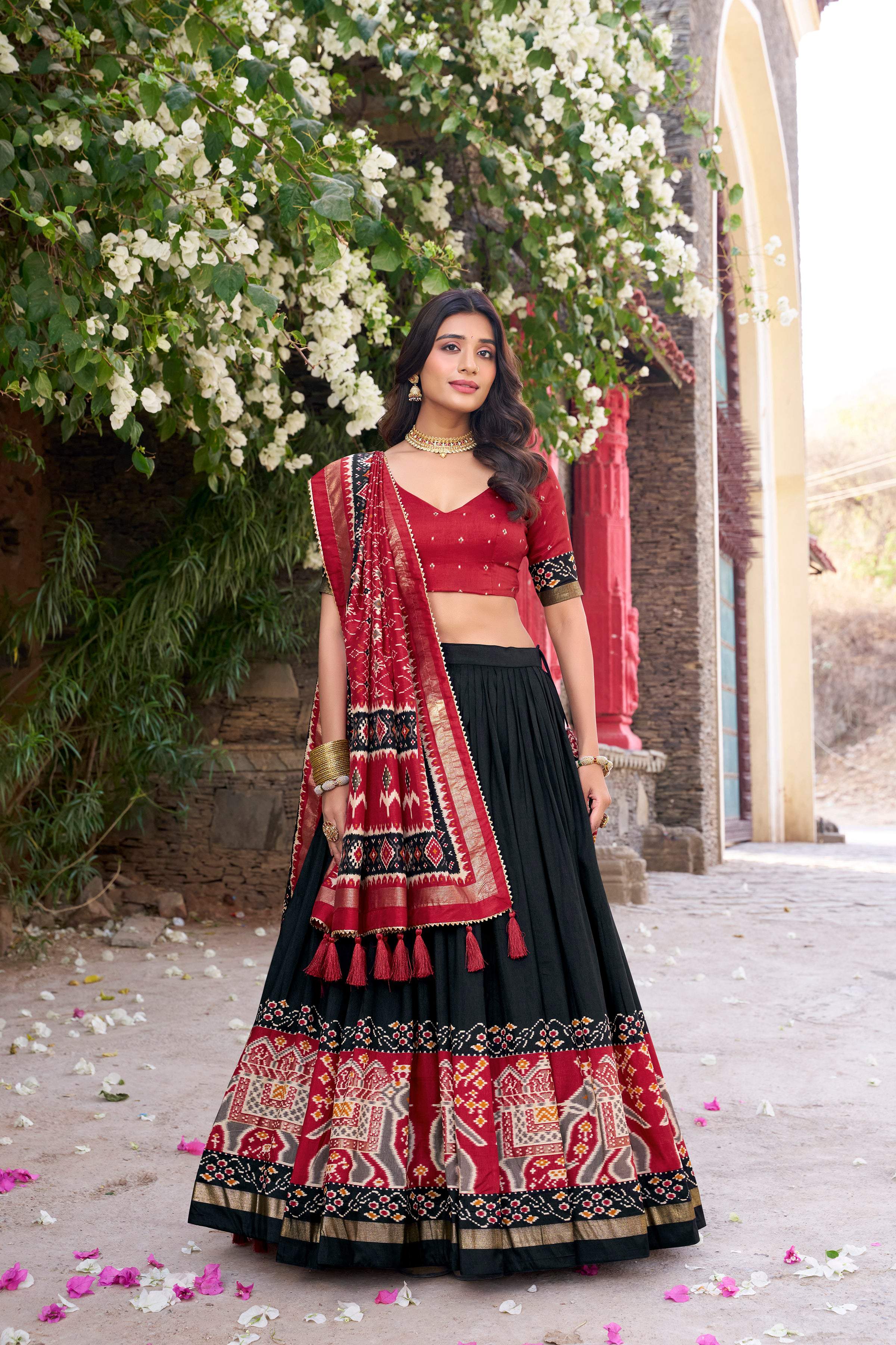 Lorenvalley Fashion Black Tussar Silk Patola Printed With Foil Work Lehenga Choli with Dupatta - Distacart