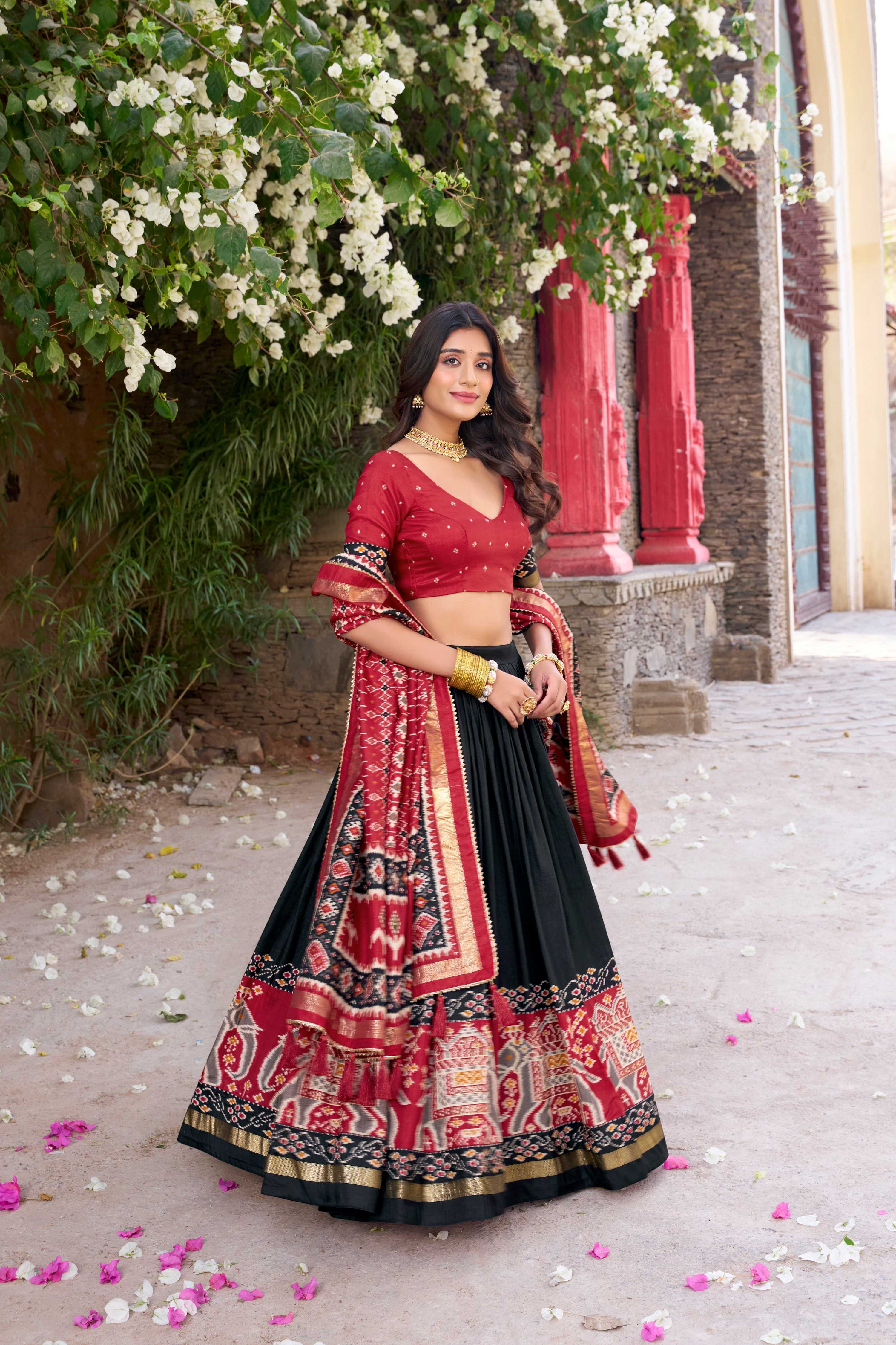 Lorenvalley Fashion Black Tussar Silk Patola Printed With Foil Work Lehenga Choli with Dupatta