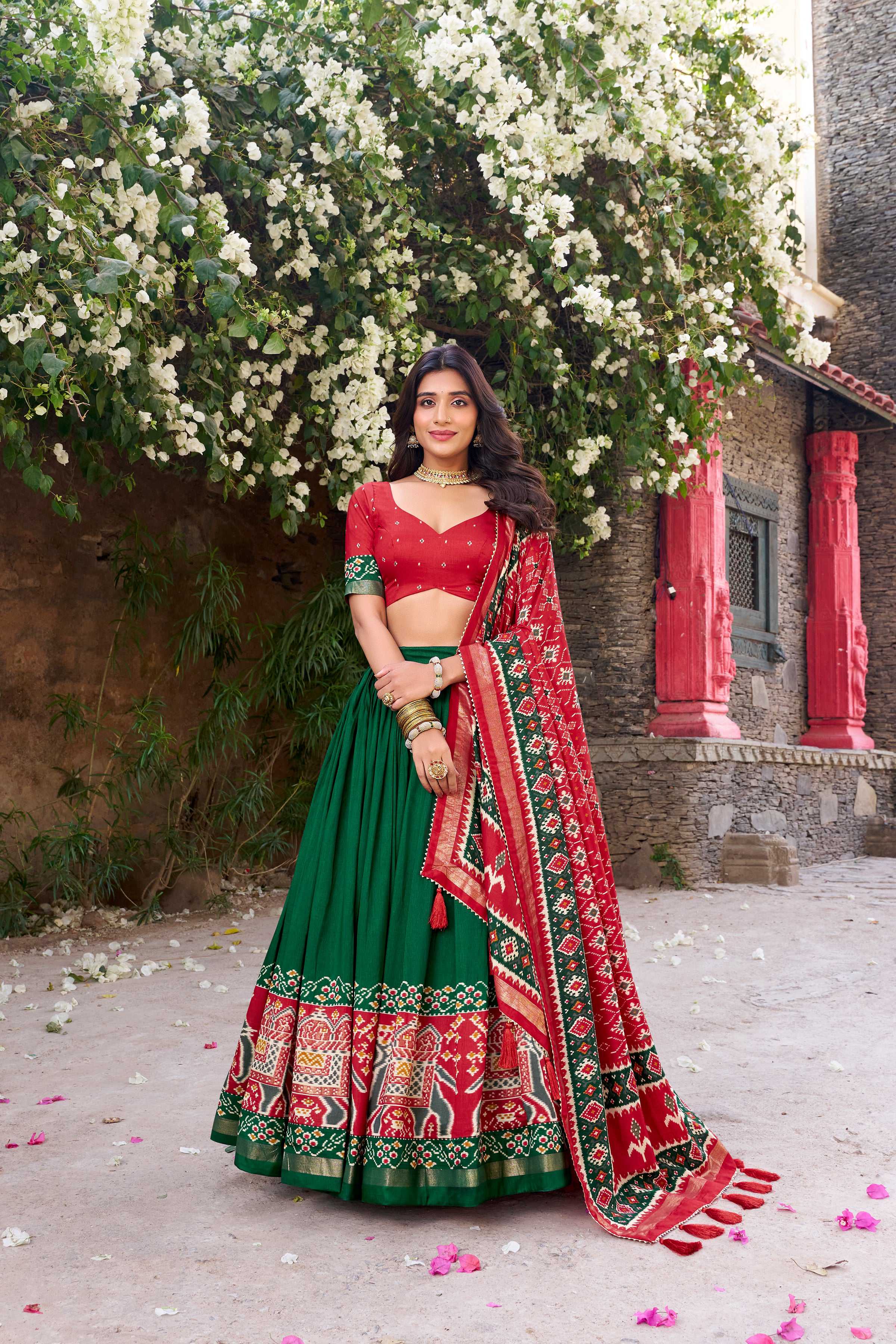 Lorenvalley Fashion Green Tussar Silk Patola Printed With Foil Work Lehenga Choli with Dupatta