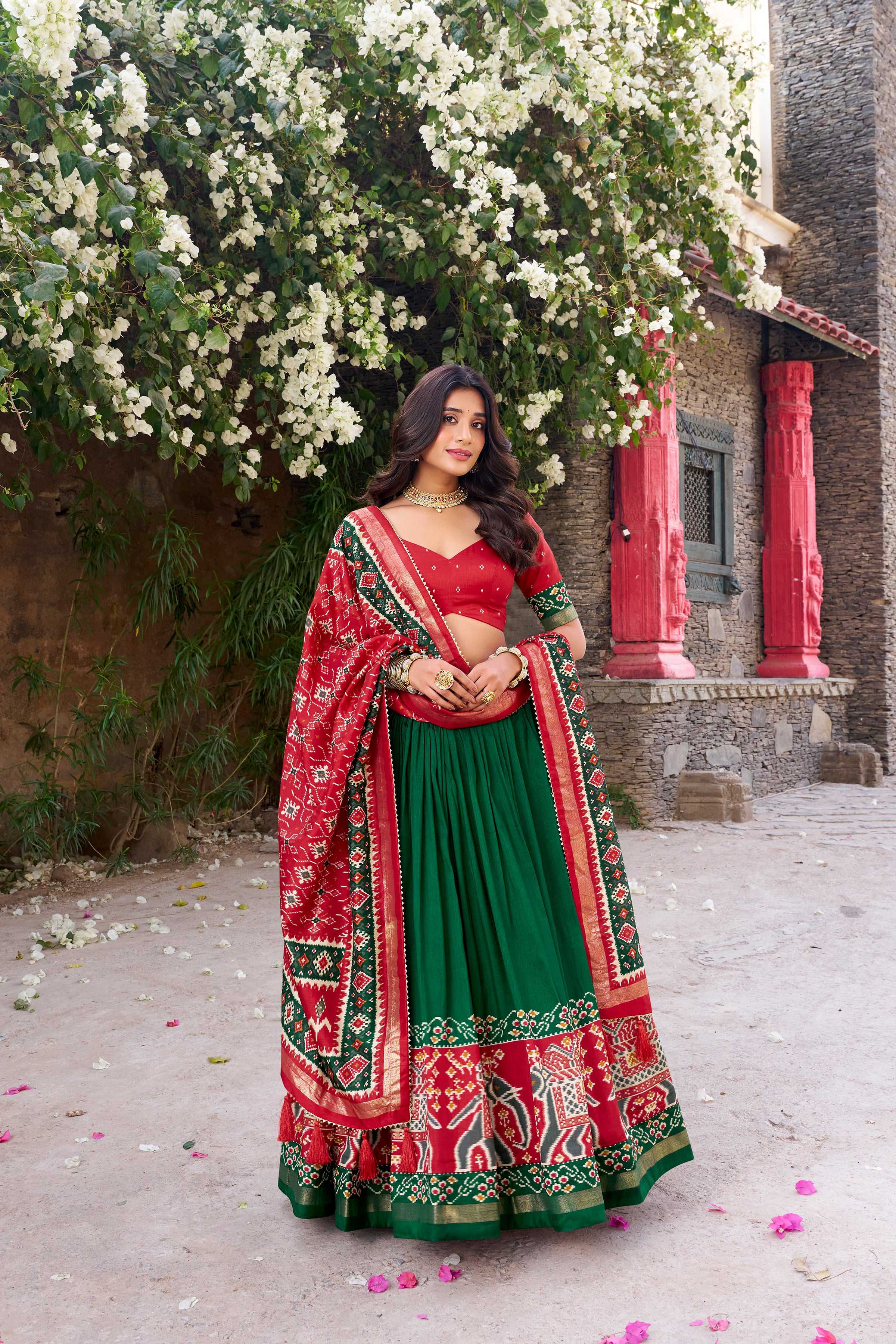 Lorenvalley Fashion Green Tussar Silk Patola Printed With Foil Work Lehenga Choli with Dupatta