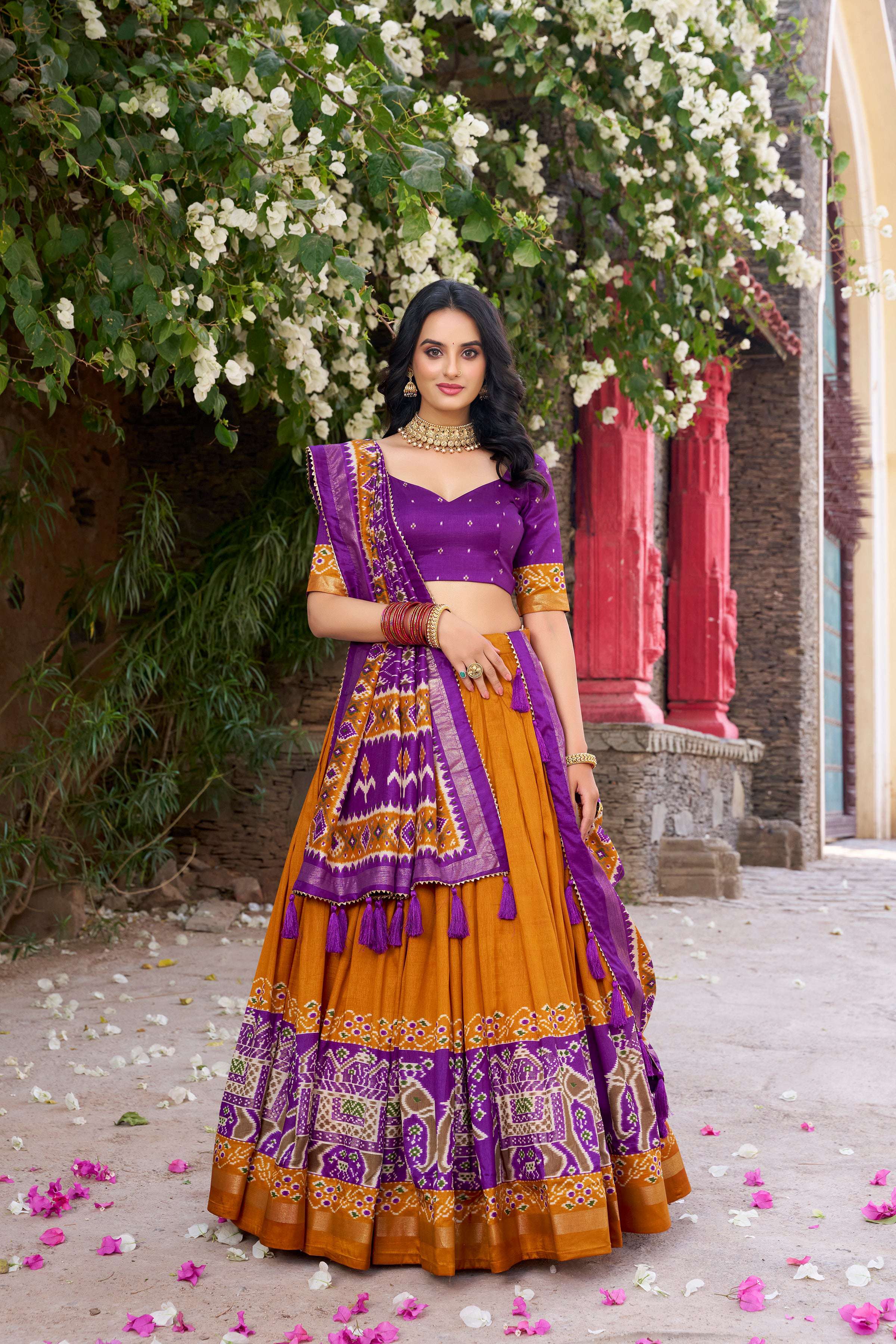 Lorenvalley Fashion Mustard Tussar Silk Patola Printed With Foil Work Lehenga Choli with Dupatta
