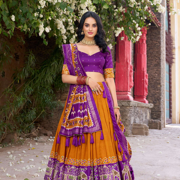 Lorenvalley Fashion Mustard Tussar Silk Patola Printed With Foil Work Lehenga Choli with Dupatta - Distacart